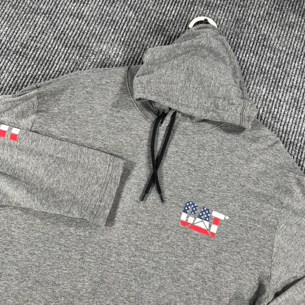 Caterpillar CAT Hooded Shirt Mens Large Gray Long Sleeve American Flag New